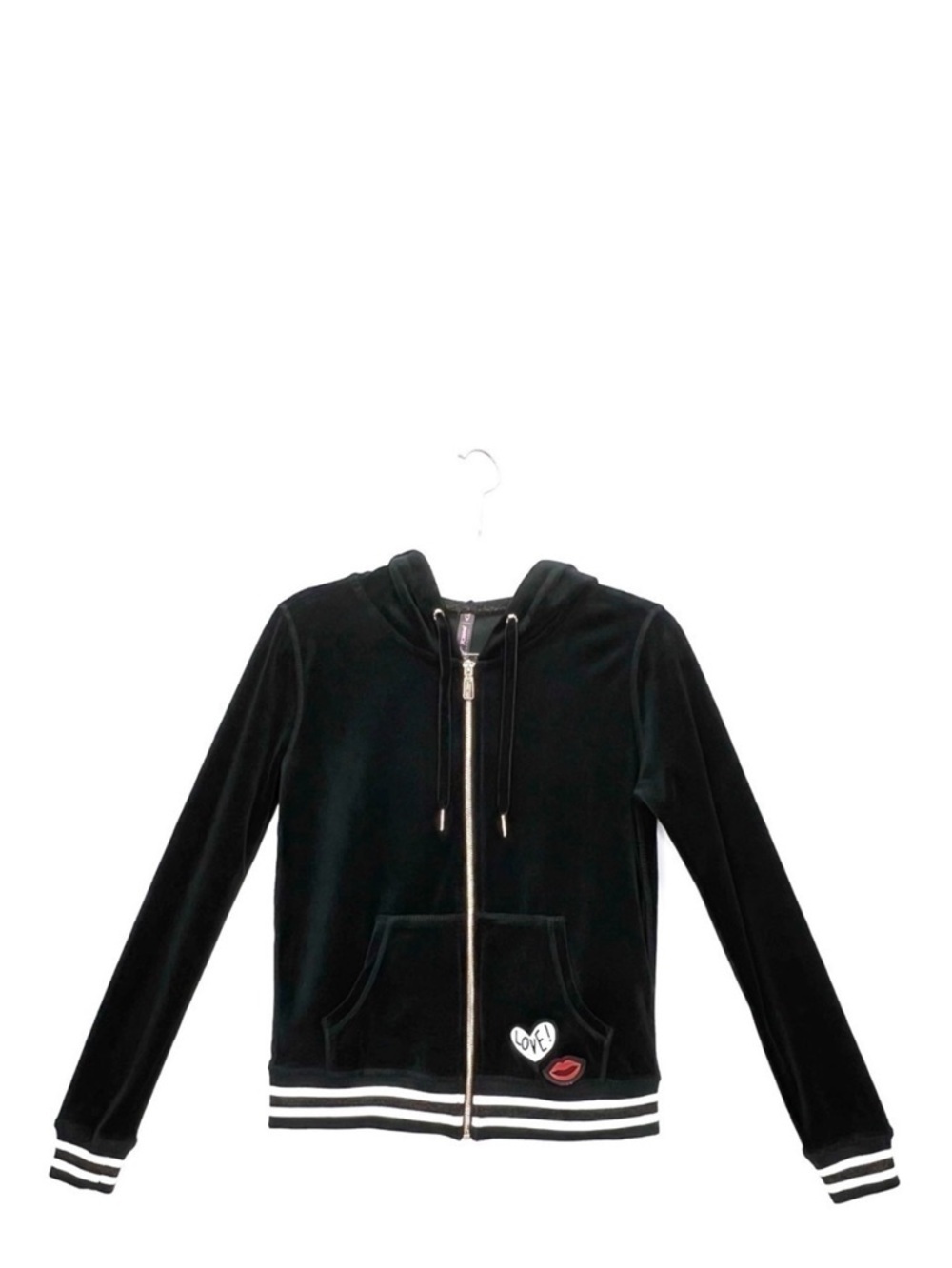Betsey Johnson Velour Hoodie Zip Front Black Size Small Love! Lips Patch New NWT